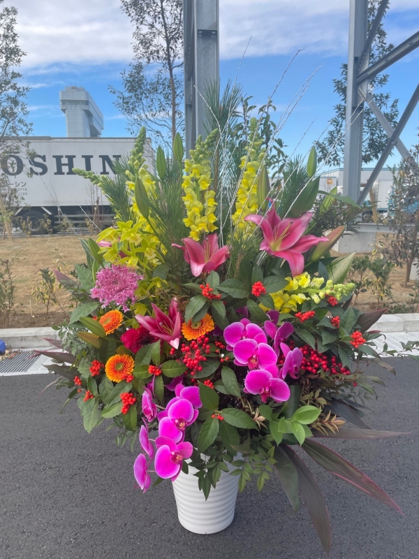 赤紫・黄色系で 演台花